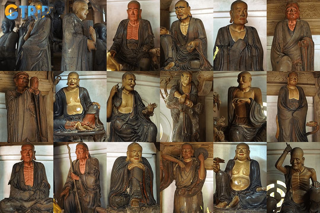 18 Arhats statues inside Tay Phuong Pagoda (From left to right, from top to bottom)