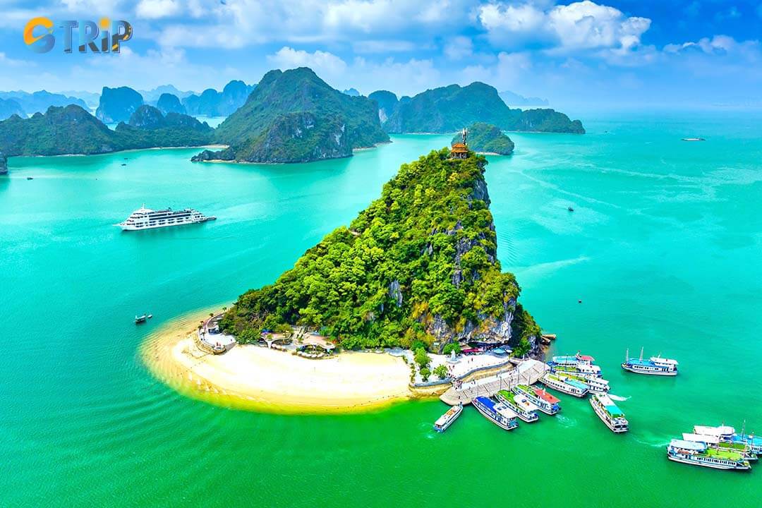 Aerial view of Ha Long Bay during daytime beautiful emerald green water