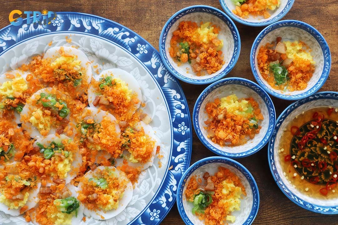 Banh beo are delicate, soft steamed rice cakes served in tiny individual saucers
