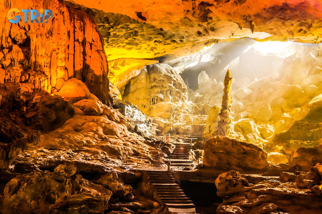 Beautiful view of gold sunlight shining through Sung Sot Cave