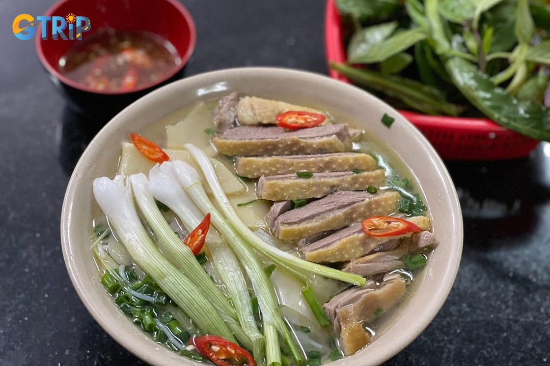 Bun ngan highlights the rich, gamey flavor of Muscovy duck (ngan) in a warming noodle soup