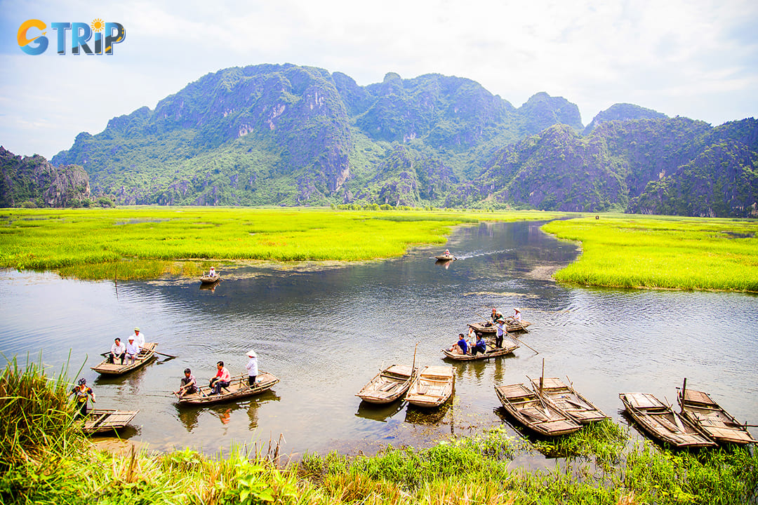 Calm waters, lush vegetation, and towering limestone mountains in Van Long