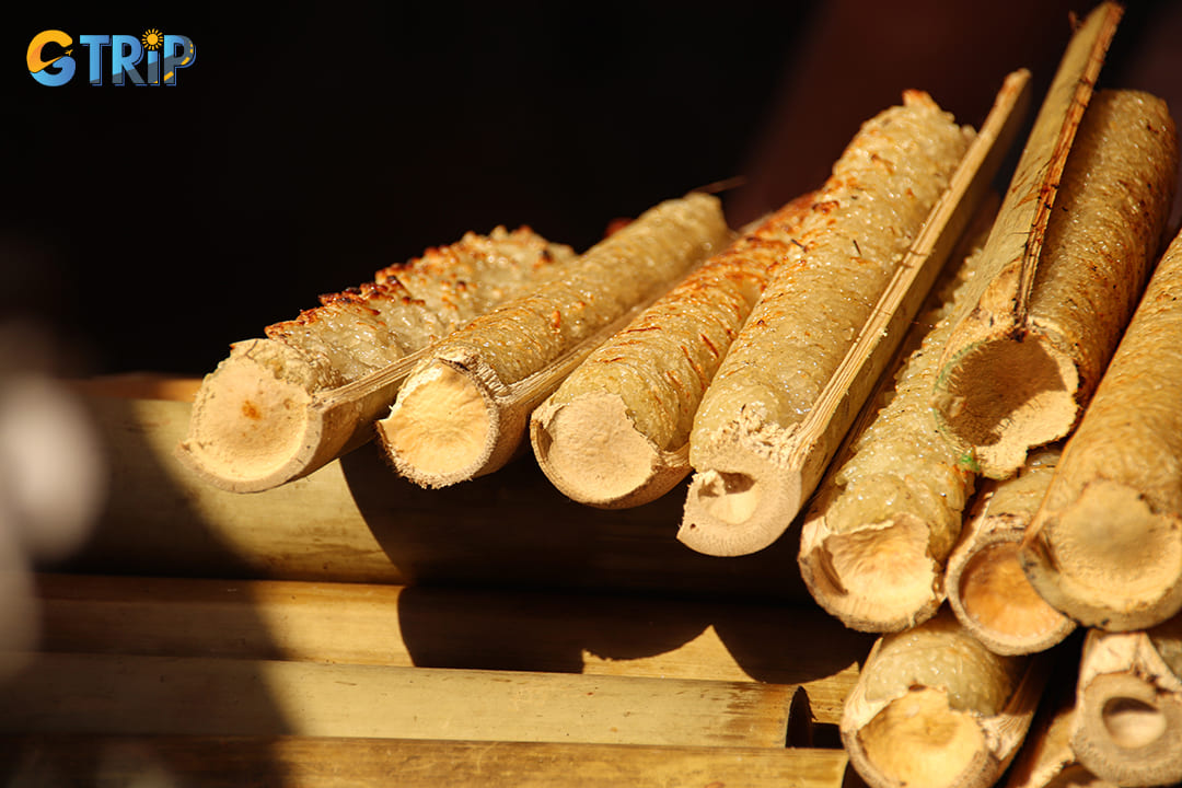Com lam is sticky rice cooked inside bamboo tubes over an open fire