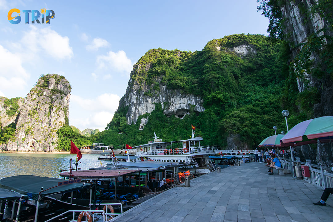 View of Halong Bay Cruise ship parking at Sung Sot Cave