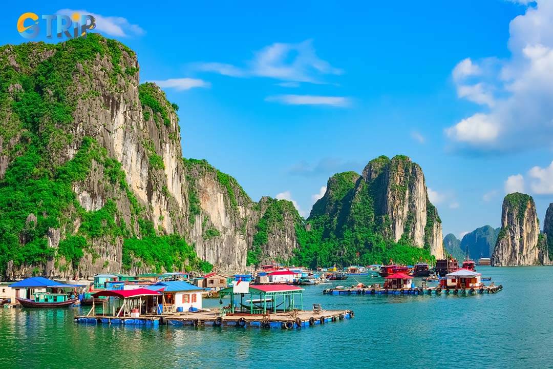 Floating fishing village and rock islands in Ha Long Bay