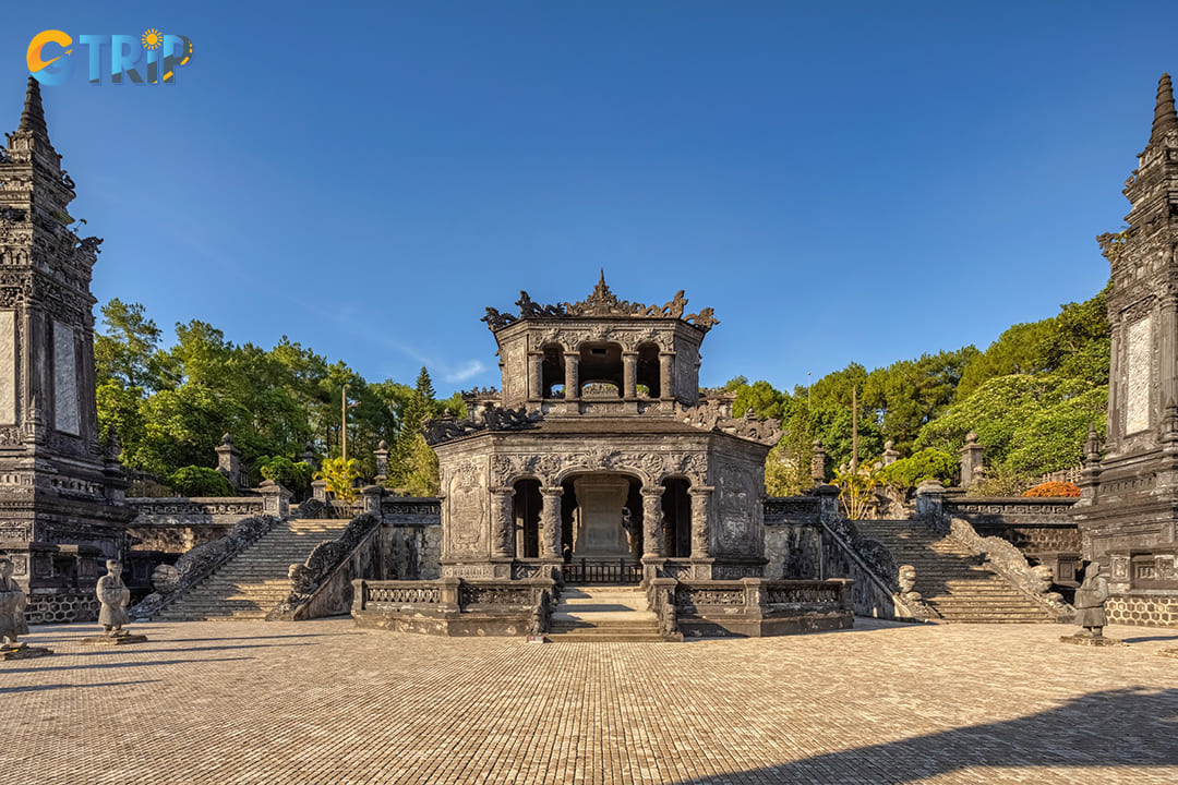 Khai Dinh's Tomb stands out for its flamboyant blend of Vietnamese and European architectural styles