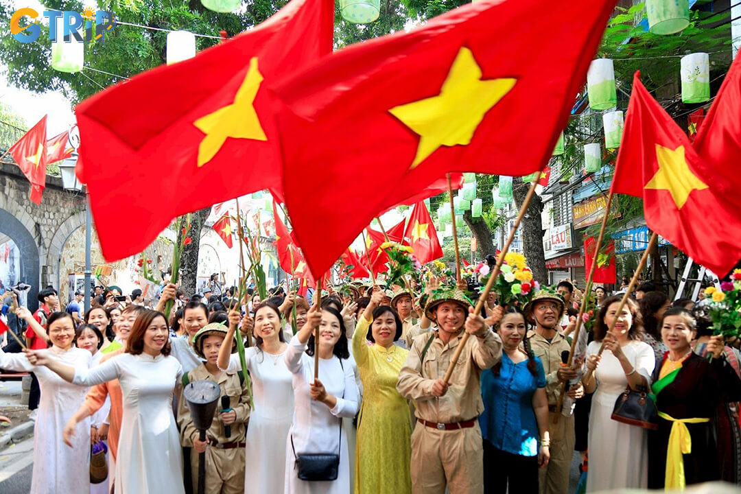 Liberation Day with patriotic displays, historical exhibitions, and festive events across key landmarks like Hoan Kiem Lake and the Old Quarter