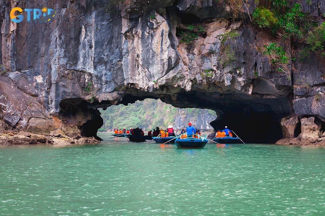 Luon Cave is a unique water cave best explored by kayak or bamboo boat, surrounded by limestone cliffs, lush greenery, and local wildlife