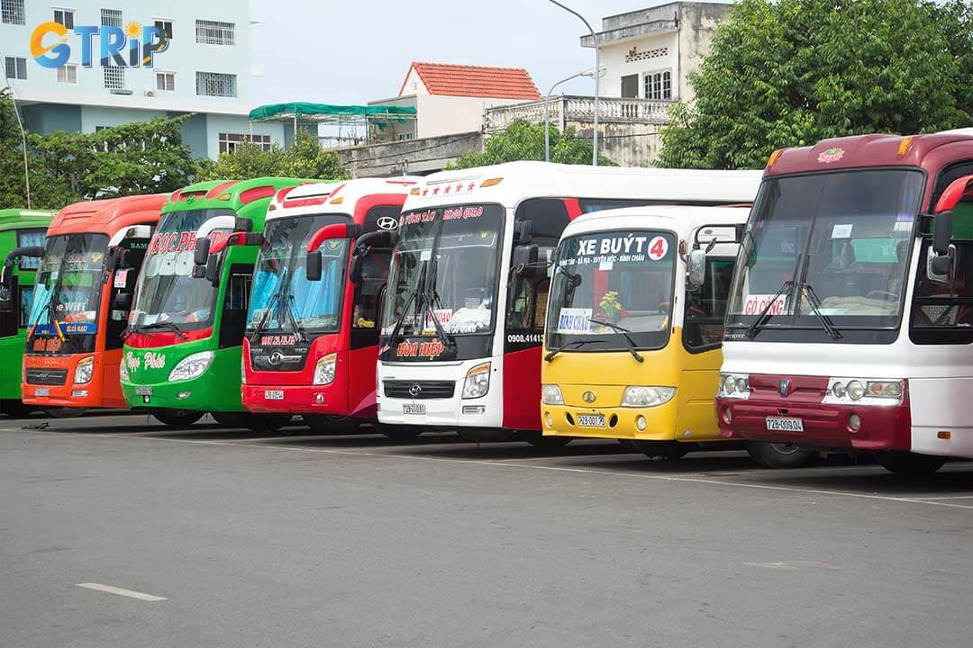 Multicolored intercity buses at the bus station