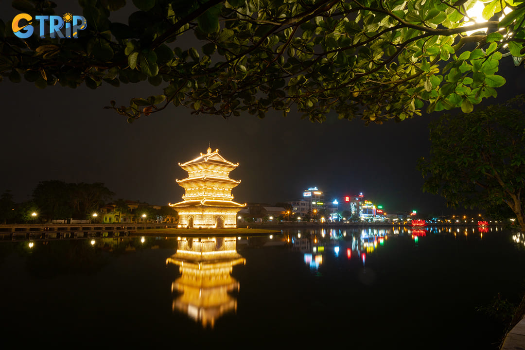 Night view of the light-up temple in Ninh Binh