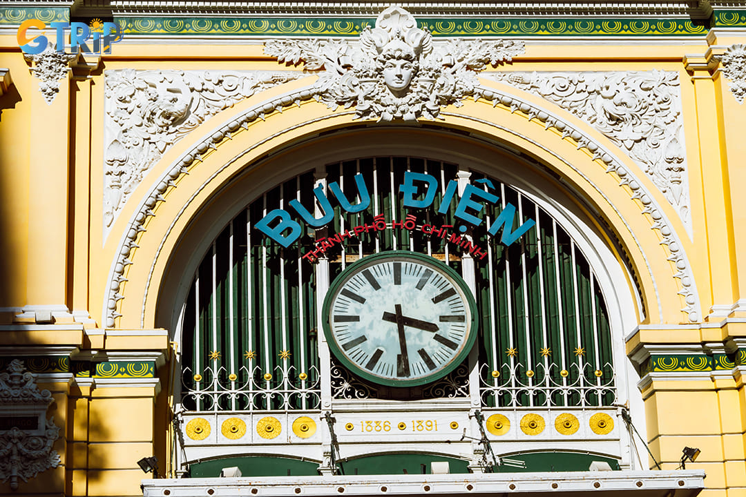One of the defining features of the Saigon Central Post Office is its iconic clock, mounted prominently above the main entrance