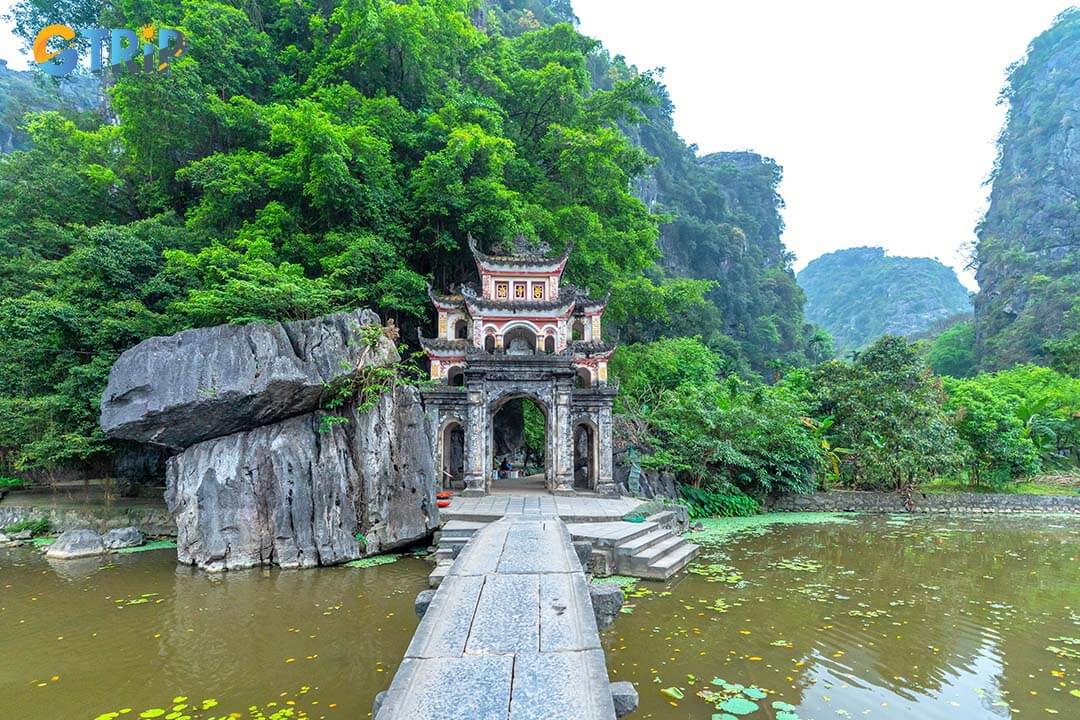 Outdoor park landscape with lake and stone bridge