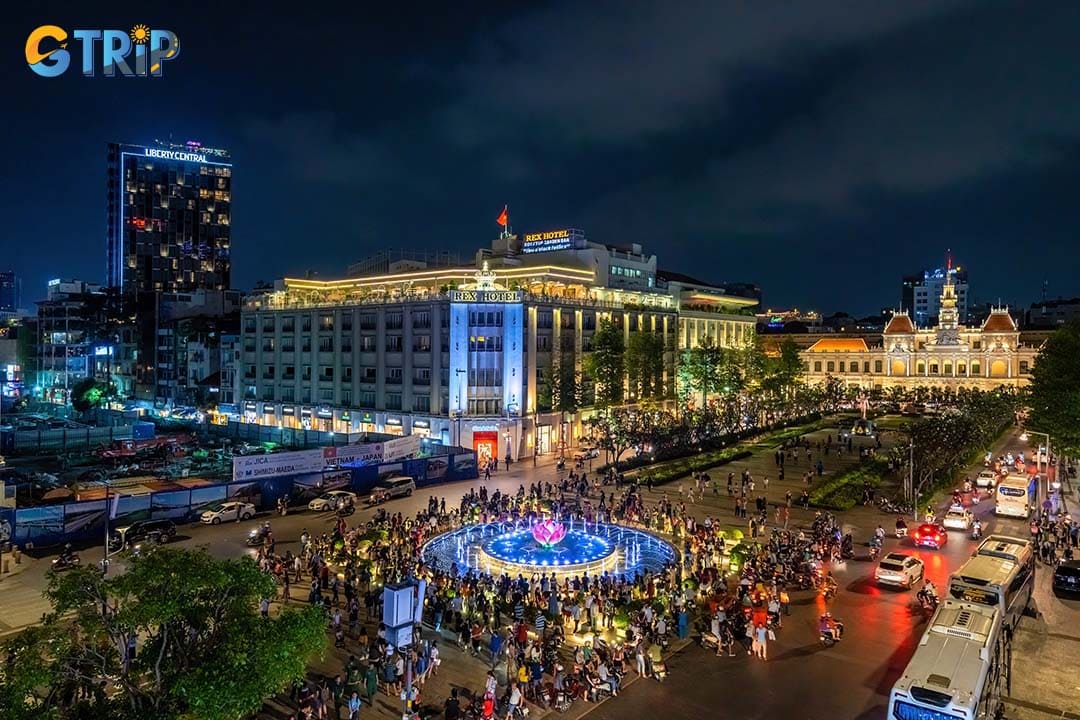 Strolling to Nguyen Hue Walking Street is a good idea to enjoy the vibrant atmosphere at night in Ho Chi Minh City