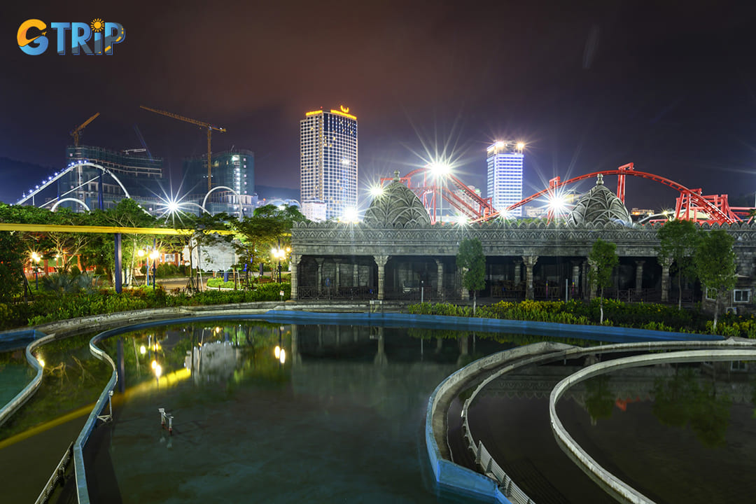 Sun World Ha Long Park at night transforms into a dazzling wonderland of lights