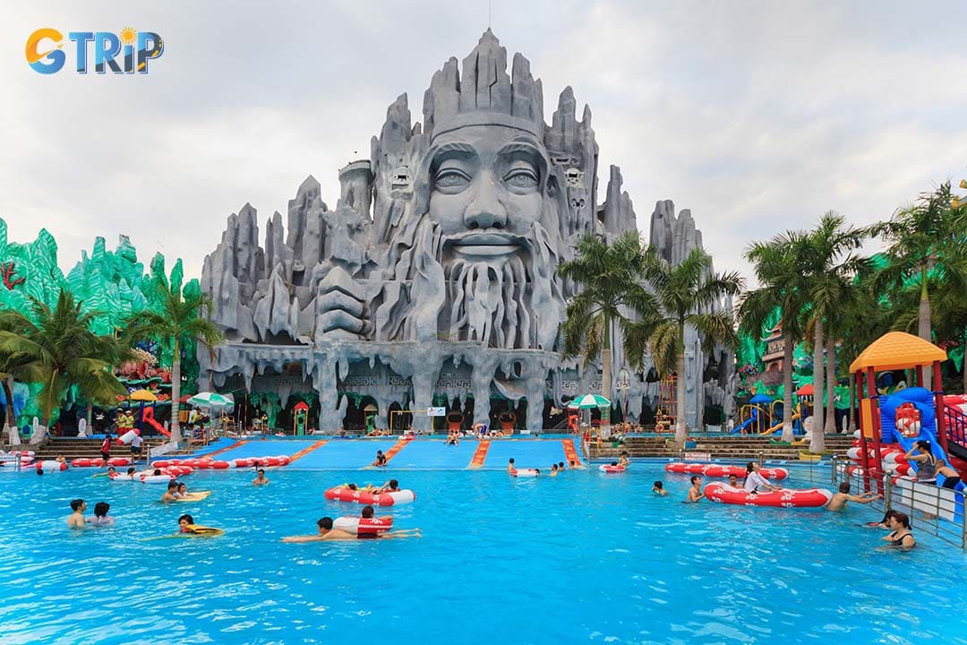 Suoi Tien Water Park's design is truly unique, with slides and pools integrated among enormous, colorful statues of dragons, phoenixes, and legendary figures