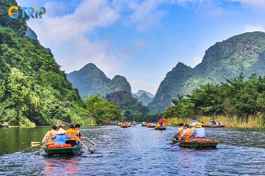 Taking a boat tour in Trang An offers a serene journey through lush landscapes, with lotus-filled waterways adding to the area’s natural beauty