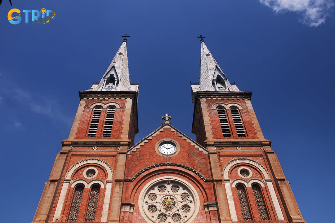 The bell towers of the Notre Dame Cathedral of Saigon are iconic features that blend Romanesque strength with Gothic elegance