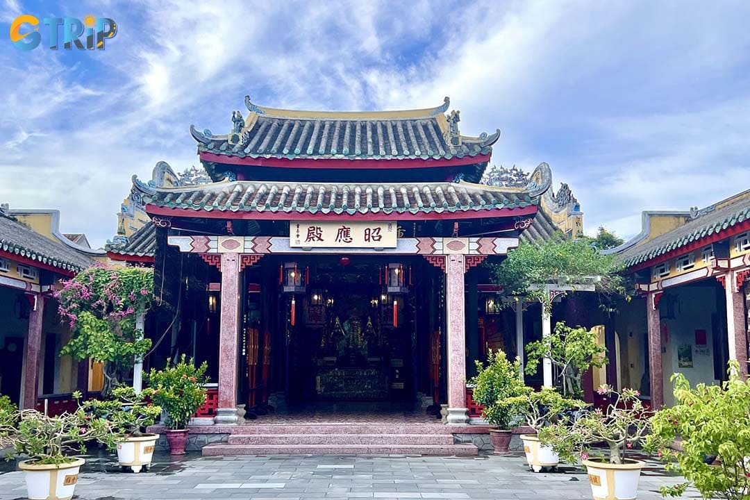 The courtyard of the hall is filled with bonsai trees and blooming flowers