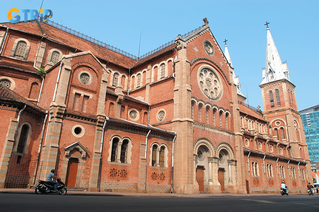 The exterior of the Notre Dame Cathedral Basilica of Saigon is a striking example of neo-Romanesque architecture, with elements that also reflect Gothic influences
