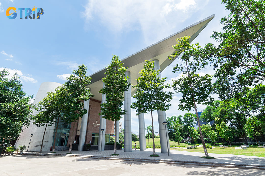 The Kite Building presents a striking architectural contrast with its modern design inspired by traditional Vietnamese kites