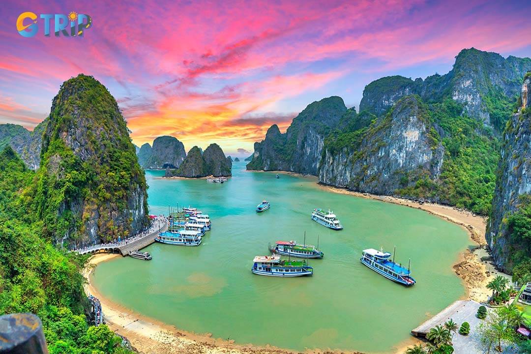 The landscape is beautiful, with emerald green waters in Ha Long Bay