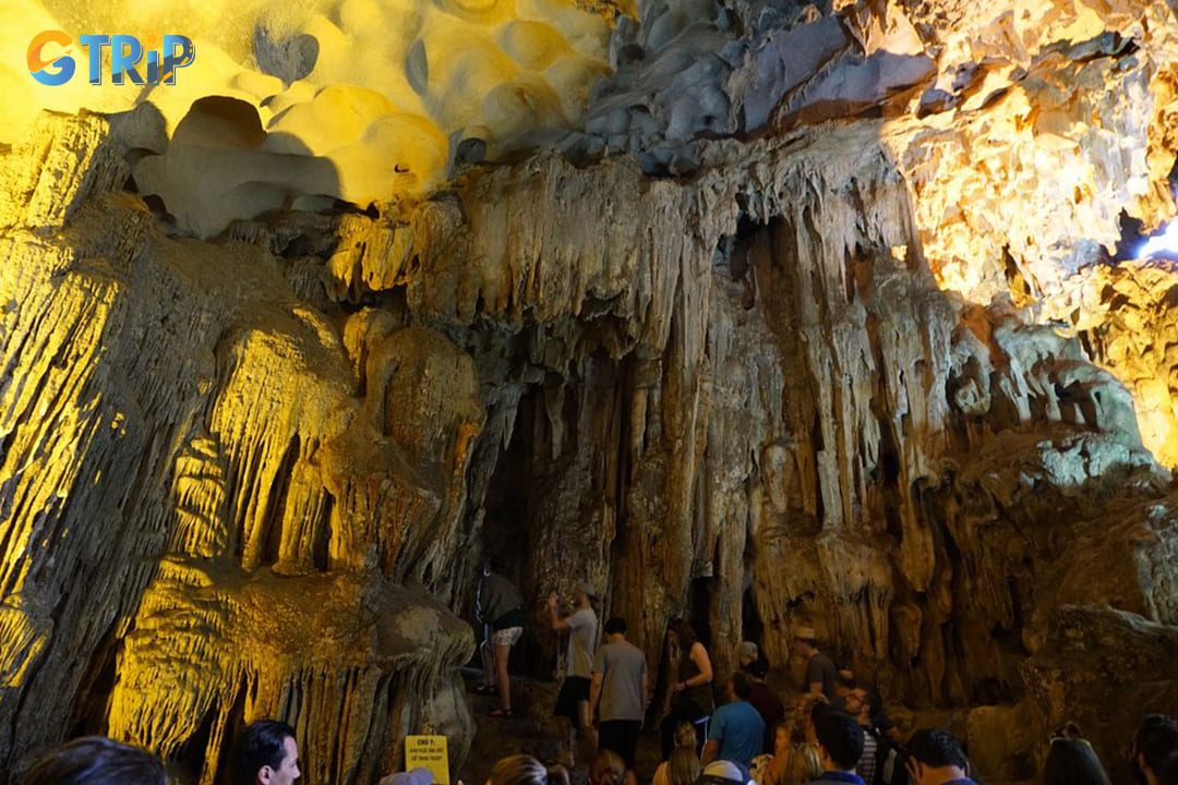 The limestone ceiling of Bo Nau Cave is adorned with intricate patterns that resemble natural sculptures