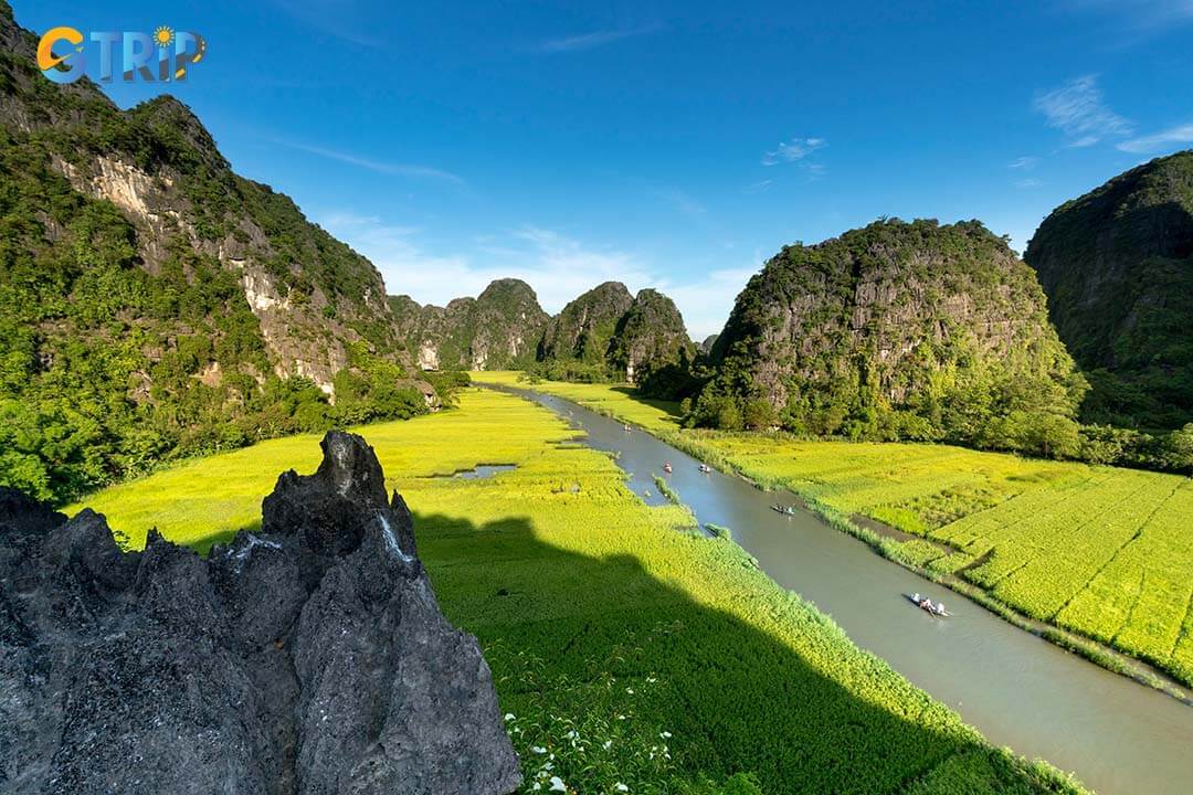 The Ngo Dong River meanders gracefully through the region, flanked by towering karsts and lush landscapes