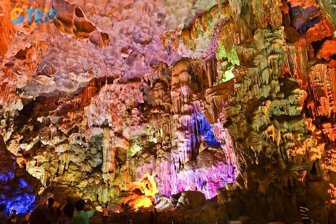 The natural stalactites at the top of the cave are lit by colorful lights, creating a mysterious scene