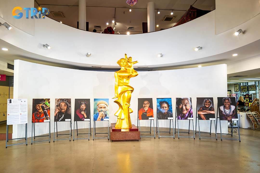 The Vietnam Women’s Museum welcomes visitors with the golden “Vietnamese Mother” statue and features a first-floor