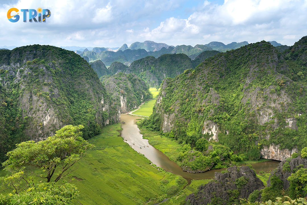 The view of lush landscapes from the top of the mountain when going Ninh Binh hiking