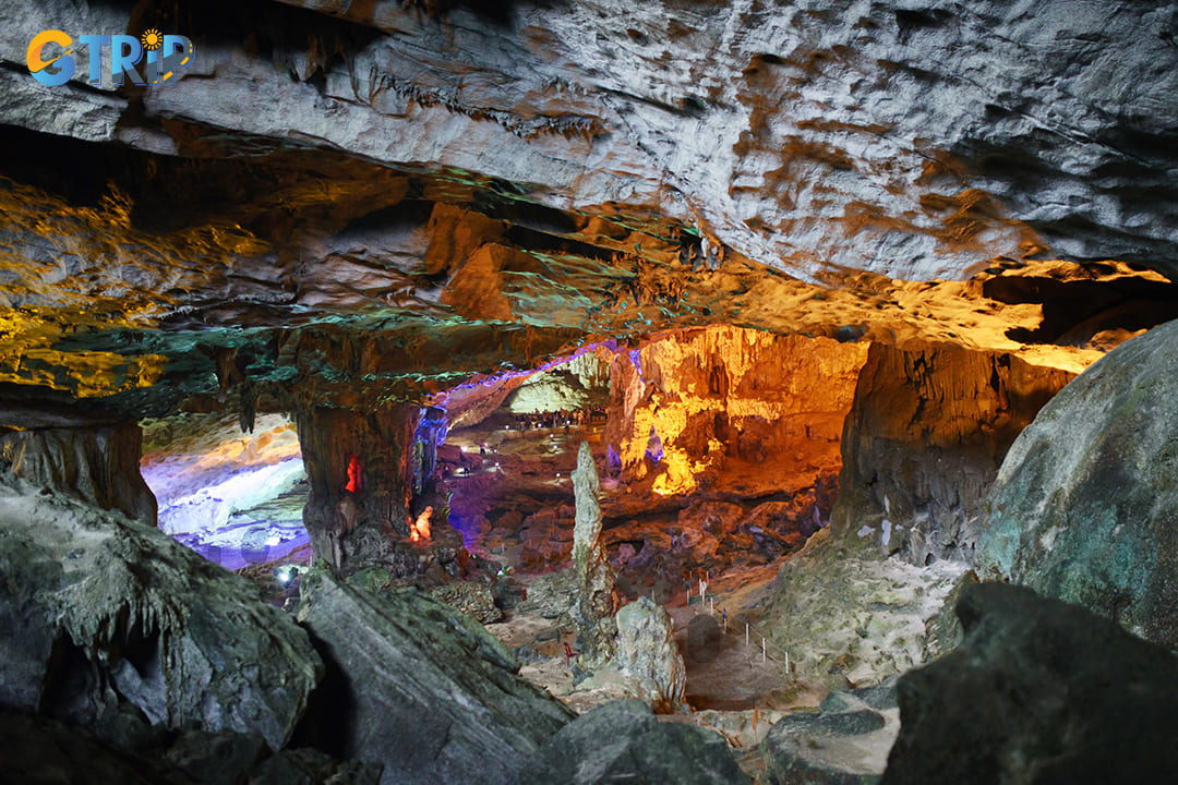 Thien Cung Cave features an intricate labyrinth of chambers filled with stunning stalactites and stalagmites