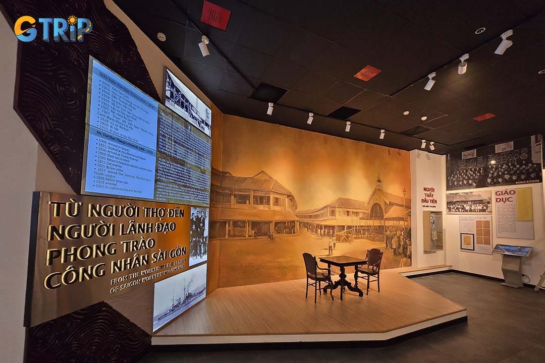 This exhibition room highlights President Ton Duc Thang’s Southern roots, featuring photographs, artifacts, and documents from his early life