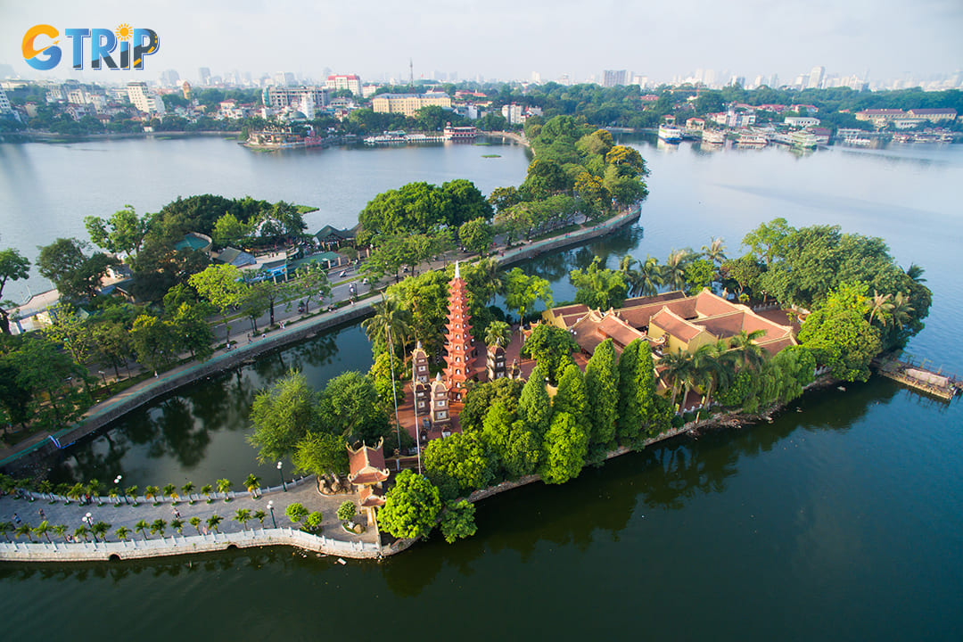 Tran Quoc Pagoda stands majestically on a small peninsula extending into West Lake
