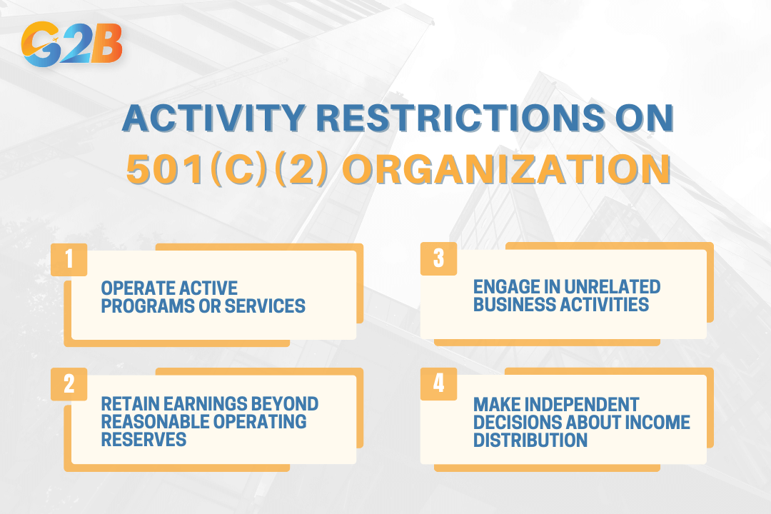 A 501(c)(2) organization faces strict activity limitations