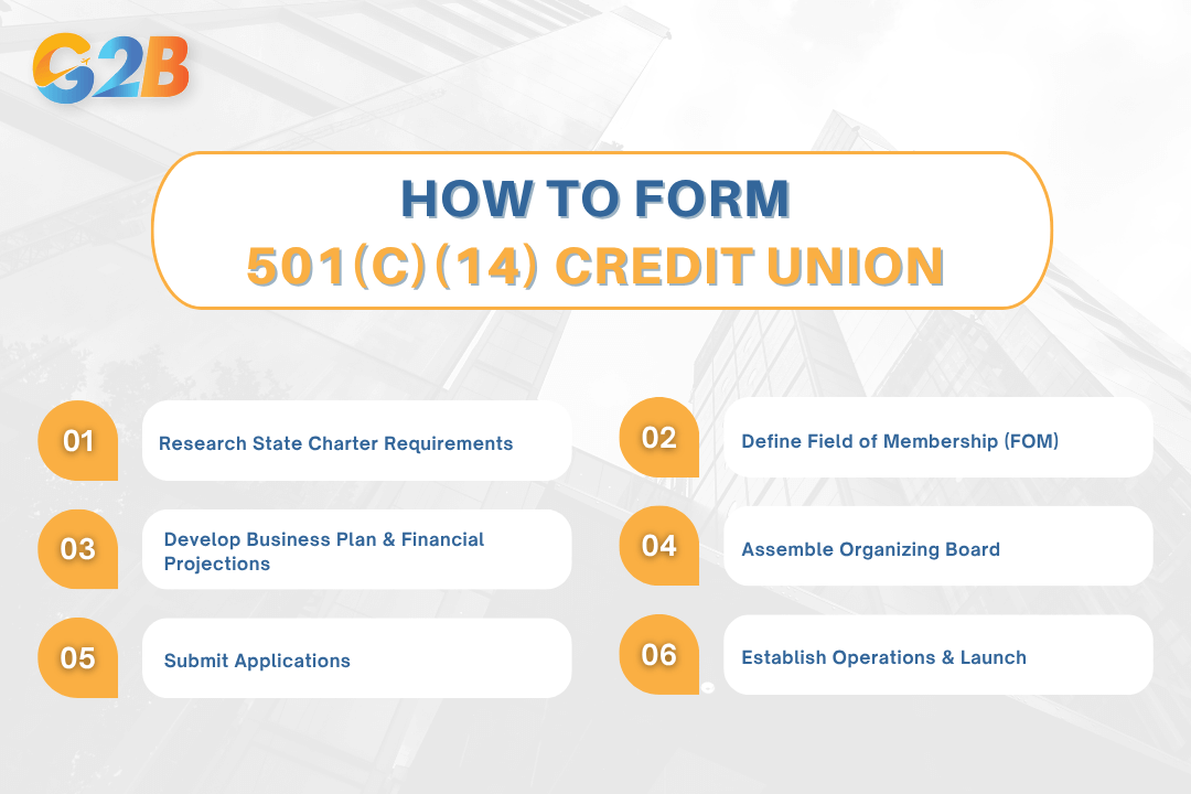 There are 6 main steps to form a 501(c)(14) credit union